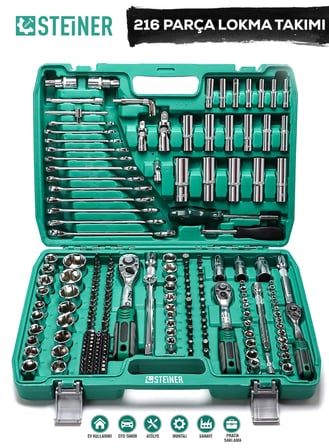 Steiner Ultra Güçlü 1/4 Cırcırlı 216 Parça Lokma Anahtar Takımı Oto Tamirci Full Tam Set 72 Diş