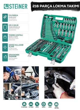 Steiner Ultra Güçlü 1/4 Cırcırlı 216 Parça Lokma Anahtar Takımı Oto Tamirci Full Tam Set 72 Diş