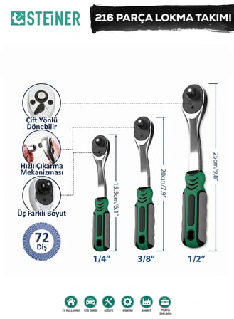 Steiner Ultra Güçlü 1/4 Cırcırlı 216 Parça Lokma Anahtar Takımı Oto Tamirci Full Tam Set 72 Diş