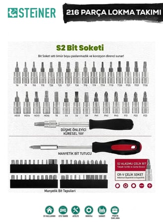 Steiner Ultra Güçlü 1/4 Cırcırlı 216 Parça Lokma Anahtar Takımı Oto Tamirci Full Tam Set 72 Diş