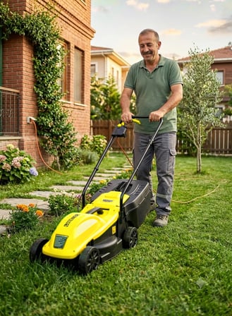 Steiner 1200W Elektrikli Bakır Sargılı Tekerlekli Çim Biçme Makinesi Sarı 30 Litre Toplama Torbalı
