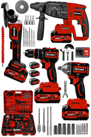 Steiner 21V Darbeli Kömürsüz Kırıcı Delici Hilti & Taşlama & Matkap & Somun Sıkma Sökme 4'lü Set Kırmızı