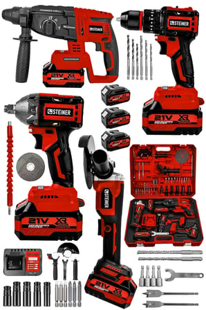 Steiner 21V Darbeli Kömürsüz Kırıcı Delici Hilti & Taşlama & Matkap & Somun Sıkma Sökme 4'lü Set Kırmızı