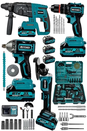 Steiner 21V Darbeli Kömürsüz Kırıcı Delici Hilti & Taşlama & Matkap & Somun Sıkma Sökme 4'lü Set Mavi