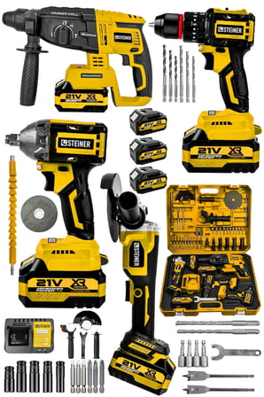 Steiner 21V Darbeli Kömürsüz Kırıcı Delici Hilti & Taşlama & Matkap & Somun Sıkma Sökme 4'lü Set Sarı