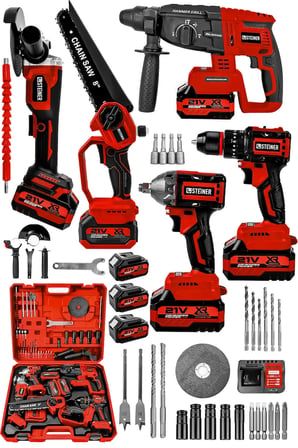 Steiner 21V Darbeli Kömürsüz 5'li Set Kırıcı Delici Hilti - Somun Sıkma Sökme - Testere - Matkap - Vidalama Kırmızı