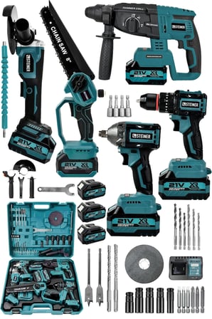 Steiner 21V Darbeli Kömürsüz 5'li Set Kırıcı Delici Hilti - Somun Sıkma Sökme - Testere - Matkap - Vidalama Mavi