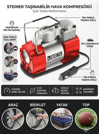 Steiner 12v Çakmaklık Girişli 150 psi Mini Hava Kompresörü Kırmızı