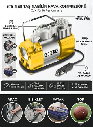 Steiner 12v Çakmaklık Girişli 150 psi Mini Hava Kompresörü Sarı