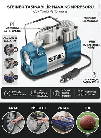Steiner 12v Çakmaklık Girişli 150 psi Mini Hava Kompresörü Mavi
