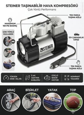 Steiner 12v Çakmaklık Girişli 150 psi Mini Hava Kompresörü Siyah