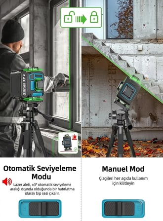 Steiner 360° 3,7V 12 Köşe Otomatik Hizalamalı Yeşil Çizgili Lazer Hizalama Makinesi Mavi