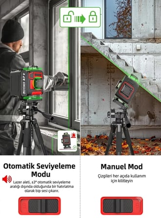Steiner 360° 3,7V 12 Köşe Otomatik Hizalamalı Yeşil Çizgili Lazer Hizalama Makinesi Kırmızı