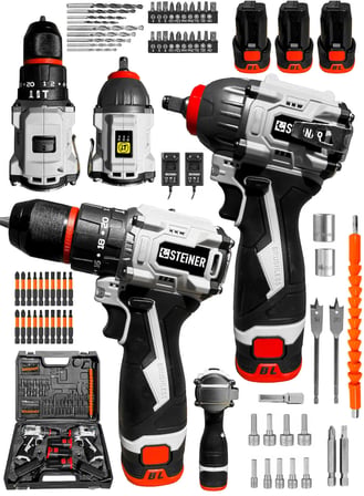 Steiner 18V 2.0 Ah Kömürsüz 3 Akülü Darbeli Matkap Şarjlı Bijon Sıkma Makinesi + 66 Parça Uç Seti + 2 Şarj Aleti