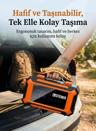 Steiner 36V Şarjlı 20.000mAh Araç Akü Takviye Cihazı 150 PSI Işıklı Dijital Ekranlı Lastik Şişirme Hava Kompresörü 7 in 1 Çantalı