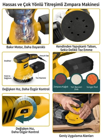 Steiner 700W 6 Kademe Devir Ayarlı 125mm Toz Toplama Sistemli Eksantrik Zımpara Makinesi Sarı