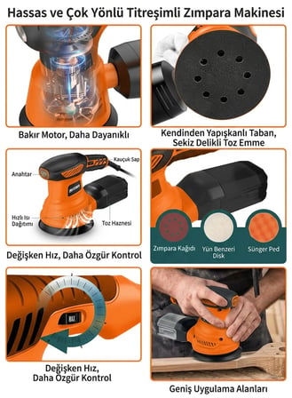 Steiner 700W 6 Kademe Devir Ayarlı 125mm Toz Toplama Sistemli Eksantrik Zımpara Makinesi Turuncu