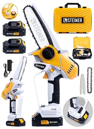 Steiner 21V Kömürsüz Motor Metal Dişli Çift Akülü Şarjlı Ağaç Odun Dal Budama El Testeresi Sarı