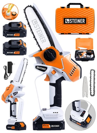 Steiner 21V Kömürsüz Motor Metal Dişli Otomatik Yağlamalı Çift Akülü Şarjlı Ağaç Odun Dal Budama El Testeresi Turuncu