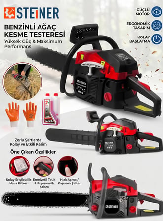 Steiner 2.8 Hp Turbo Profesyonel 52cc Çift Egzoz 50cm Ağaç Odun Dal Kesme Benzinli Testere Hızar Makinesi Kırmızı