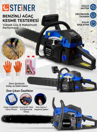 Steiner 2.8 Hp Turbo Profesyonel 52cc Çift Egzoz 50cm Ağaç Odun Dal Kesme Benzinli Testere Hızar Makinesi Mavi