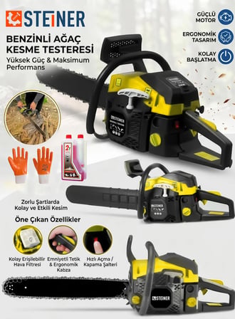 Steiner 2.8 Hp Turbo Profesyonel 52cc Çift Egzoz 50cm Ağaç Odun Dal Kesme Benzinli Testere Hızar Makinesi Sarı