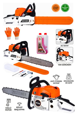 Steiner 2.1 Kw Turbo-5200 Profesyonel 2.8 Hp Çift Egzoz 52cc Ağaç Odun Dal Kesme Benzinli Testere Hızar Makinesi 50cm