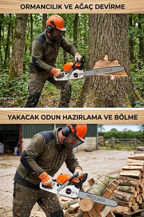 Steiner 2.1 Kw Turbo-5200 Profesyonel 2.8 Hp Çift Egzoz 52cc Ağaç Odun Dal Kesme Benzinli Testere Hızar Makinesi 50cm