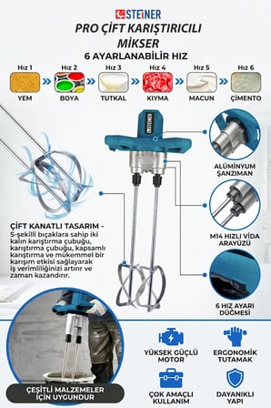 Steiner 2100 W Elektrikli Sjs Metal Şanzıman Profesyonel Çift Başlı Alçı Boya Harç Karıştırıcı Mikser