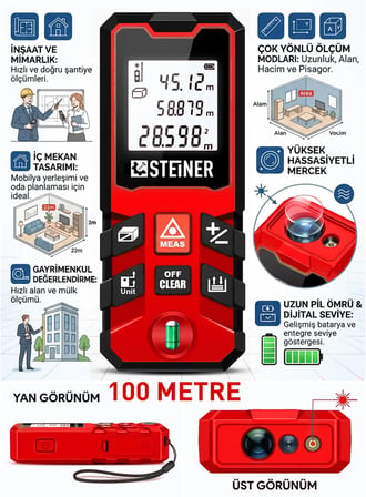 Steiner 100 Metre Su Terazili Uzunluk Alan Hacim Pisagor Ölçüm Cihazı Dijital Mesafe Ölçer Lazer Metre Kırmızı