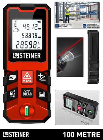 Steiner 100 Metre Su Terazili Uzunluk Alan Hacim Pisagor Ölçüm Cihazı Dijital Mesafe Ölçer Lazer Metre Kırmızı