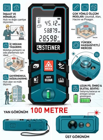 Steiner 100 Metre Su Terazili Uzunluk Alan Hacim Pisagor Ölçüm Cihazı Dijital Mesafe Ölçer Lazer Metre Mavi