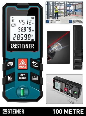 Steiner 100 Metre Su Terazili Uzunluk Alan Hacim Pisagor Ölçüm Cihazı Dijital Mesafe Ölçer Lazer Metre Mavi