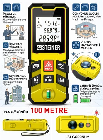 Steiner 100 Metre Su Terazili Uzunluk Alan Hacim Pisagor Ölçüm Cihazı Dijital Mesafe Ölçer Lazer Metre Sarı