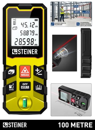 Steiner 100 Metre Su Terazili Uzunluk Alan Hacim Pisagor Ölçüm Cihazı Dijital Mesafe Ölçer Lazer Metre Sarı