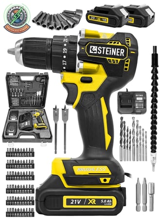 Steiner 21 V Darbeli Profesyonel Kömürsüz Motor Metal Şanzıman Çift Akülü Şarjlı Vidalama Matkap 84 Parça Sarı