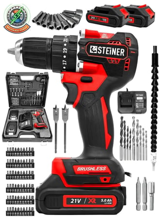 Steiner 21 V Darbeli Profesyonel Kömürsüz Motor Metal Şanzıman Çift Akülü Şarjlı Vidalama Matkap 84 Parça Kırmızı