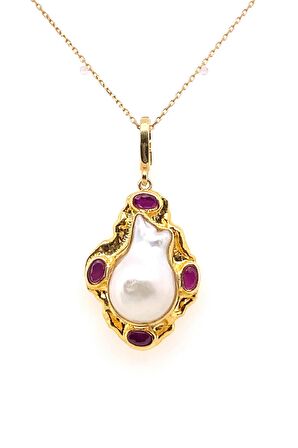 Birinci1926 925 Ayar Gümüş Mother Of Pearl Kırmızı Taşlı Barok Kolye