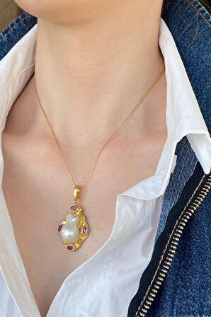 Birinci1926 925 Ayar Gümüş Mother Of Pearl Kırmızı Taşlı Barok Kolye