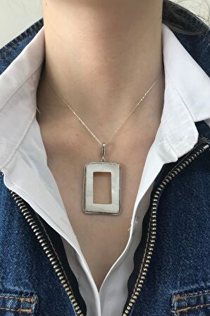 Birinci1926 925 Ayar Gümüş Mother Of Pearl Beyaz Sedef Dikdörtgen Kolye