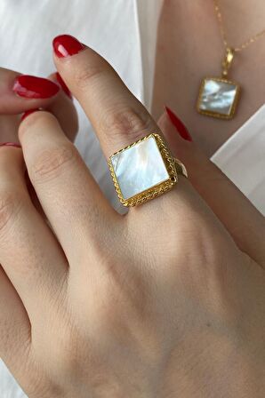 Birinci1926 925 Ayar Gümüş  Vintage Mother of Pearl Sedefli Kare Yüzük