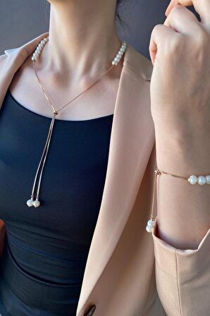 Birinci1926 925 Ayar Gümüş Rose Gold Renkli Asansör Zincirli İnci Kolye