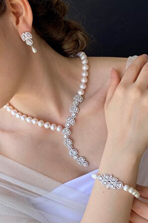 Birinci1926 925 Ayar Gümüş Kadın Yaprak Taşlı Kolye Bileklik Küpe İnci Set