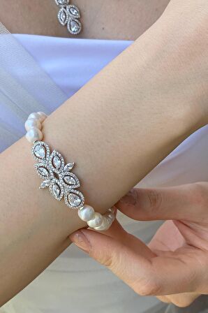 Birinci1926 925 Ayar Gümüş Kadın Yaprak Taşlı İnci Bileklik