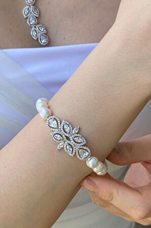 Birinci1926 925 Ayar Gümüş Kadın Yaprak Taşlı İnci Bileklik