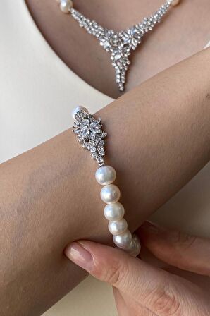 Birinci1926 925 Ayar Gümüş Kadın Çiçek Taşlı İnci Set