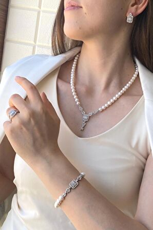 Birinci1926 925 Ayar Gümüş Kadın Baget Kesim İnci Set