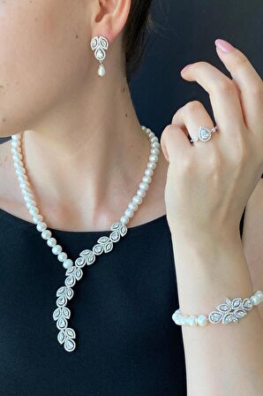 Birinci1926 925 Ayar Gümüş Kadın Damla Taşlı İnci Set