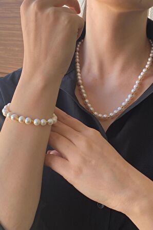 Birinci1926 925 Ayar Gümüş Kadın Dorika Top İnci Kolye Bieklik İkili Set