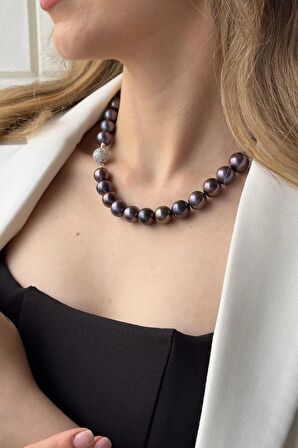 Birinci1926 925 Gümüş Kadın Zirkon Taş Kilit Detaylı Siyah Kültür İncisi Kolye 15 mm